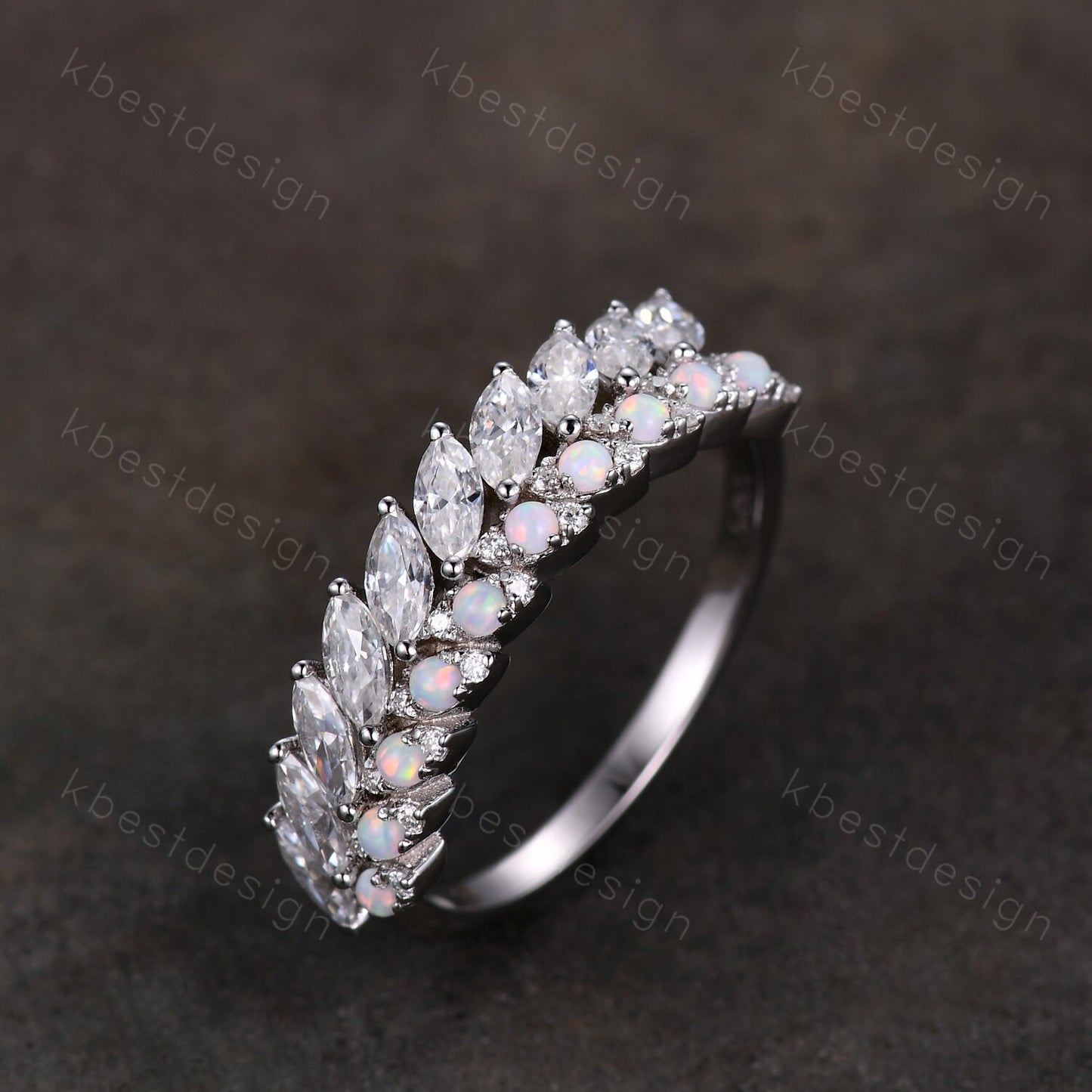 Marquise cut Moissanite Wedding Band Half Eternity Stacking Band Unique Opal Wedding Ring Women Matching Band Promise Anniversary Ring
