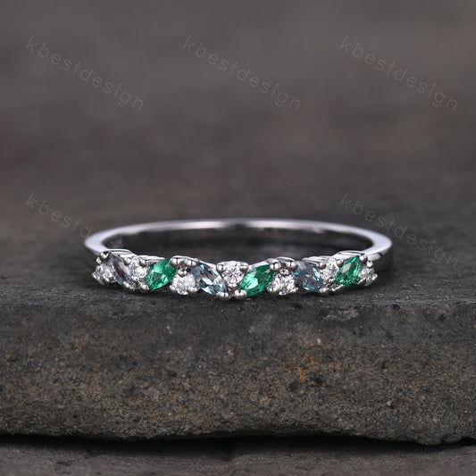 Alexandrite emerald cluster wedding band Unique marquise cut wedding band Vintage Moissanite ring Solid gold ring Anniversary gift for her