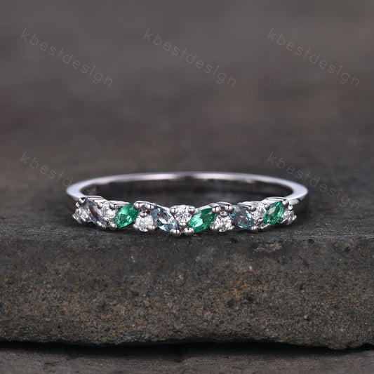 Alexandrite emerald cluster wedding band Unique marquise cut wedding band Vintage Moissanite ring Solid gold ring Anniversary gift for her