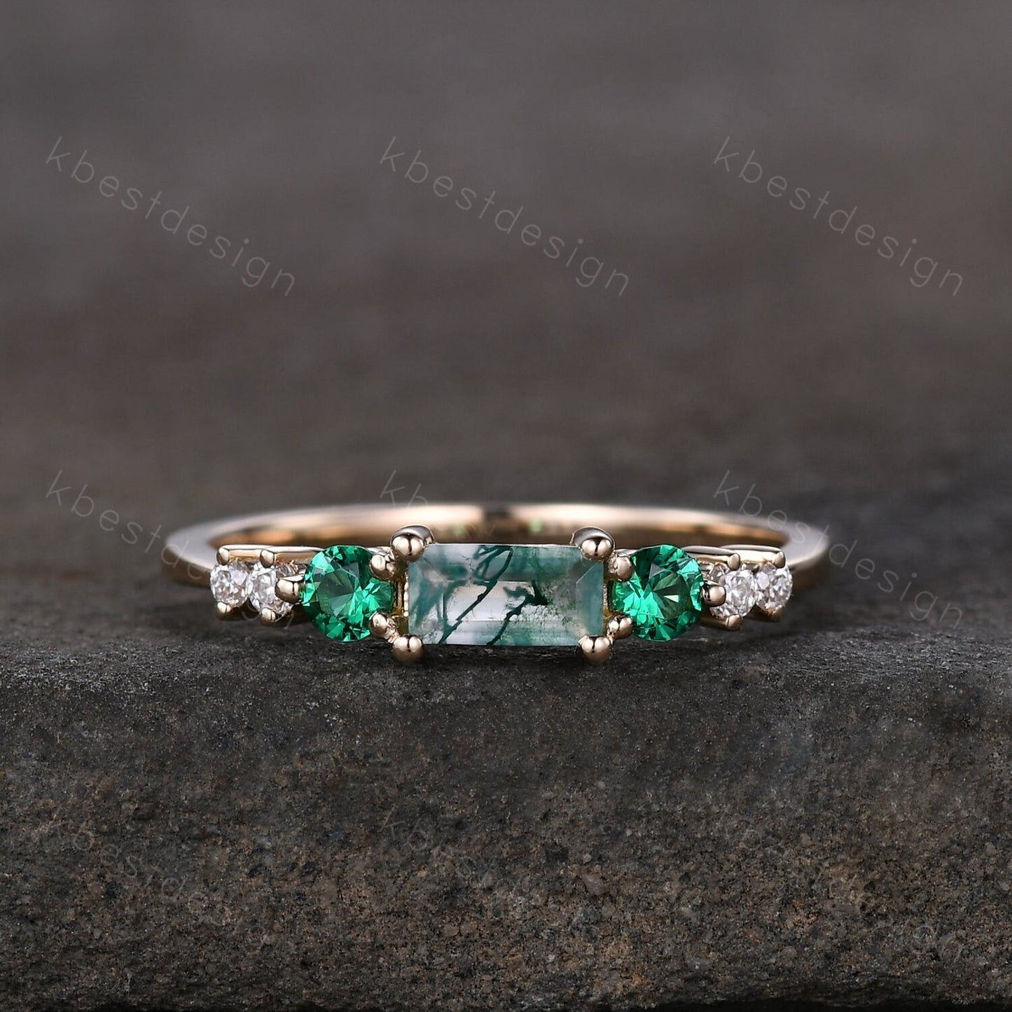 Baguette cut Moss Agate Wedding Band Unique Green Gem Ring Women Silver Ring Antique Moissanite Ring Minimalist Bridal Anniversary Gift