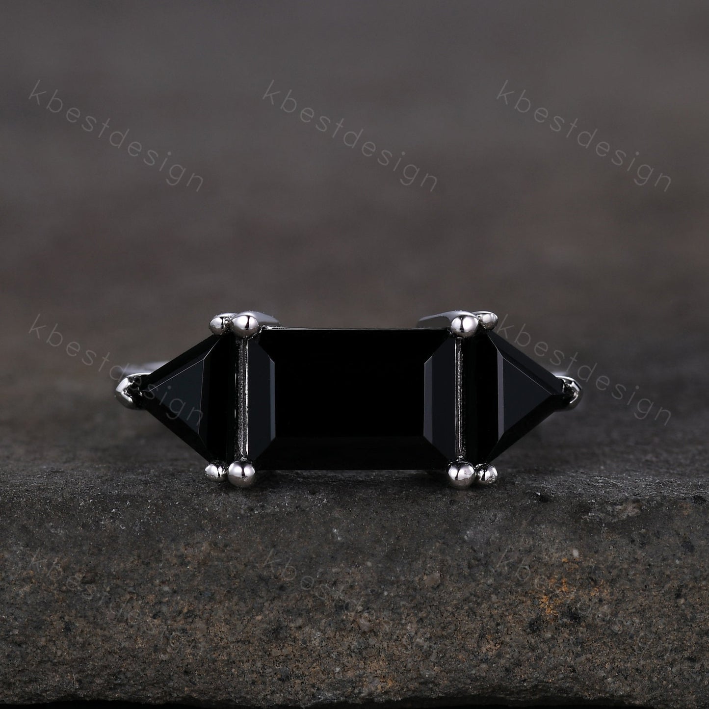 Emerald cut Black Onyx engagement ring unique Triangle cut black Onyx ring sterling silver ring Three stone ring art deco wedding ring
