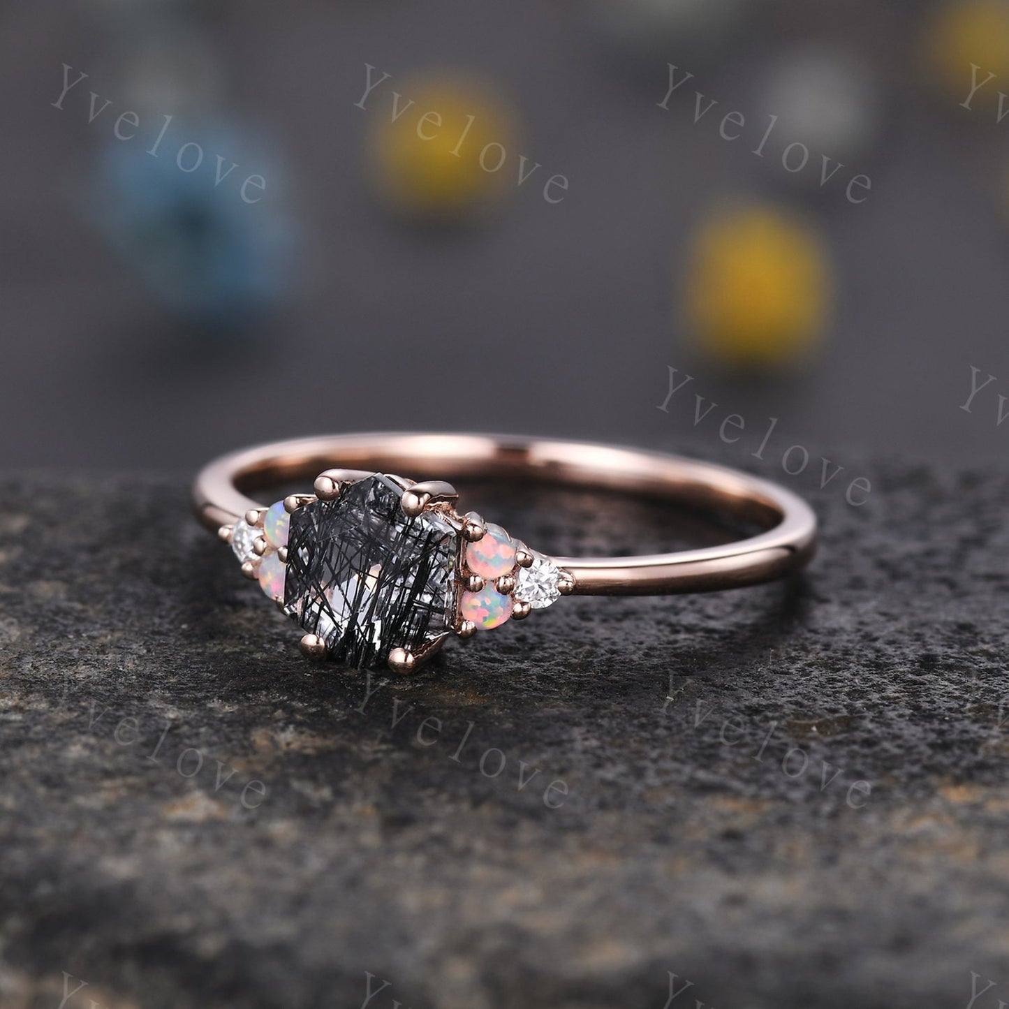Unique Black Rutilated Quartz Engagement Ring,Opal Moissanite Rings for Women,Cluster Ring,Vintage Anniversary Stack Promise Ring,Handmade