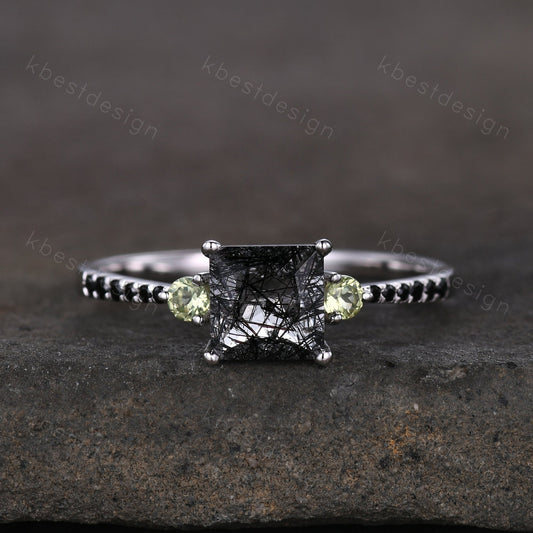 Princess Cut Natural Black Rutilated Quartz Engagement Ring Unique Green Peridot Ring Sterling Silver Ring Three stone ring Promise Ring