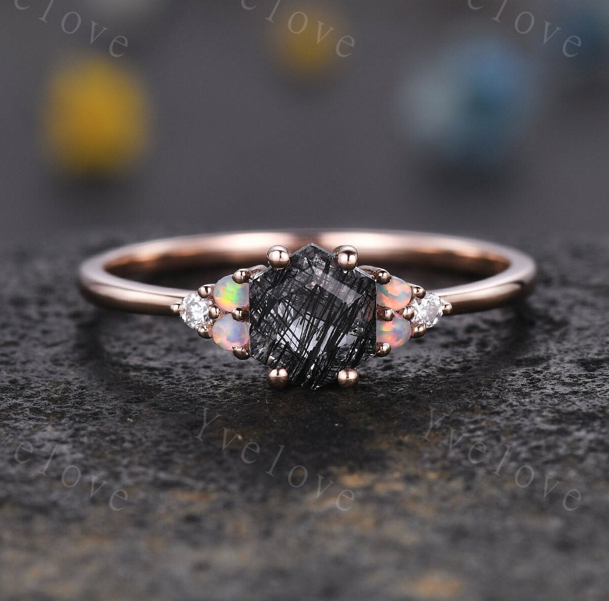 Unique Hexagon Black Rutilated Quartz Engagement Ring Set,Opal Diamond Rings,Marquise Black onyx,Cluster Ring,Vintage Women Gift Bridal Set