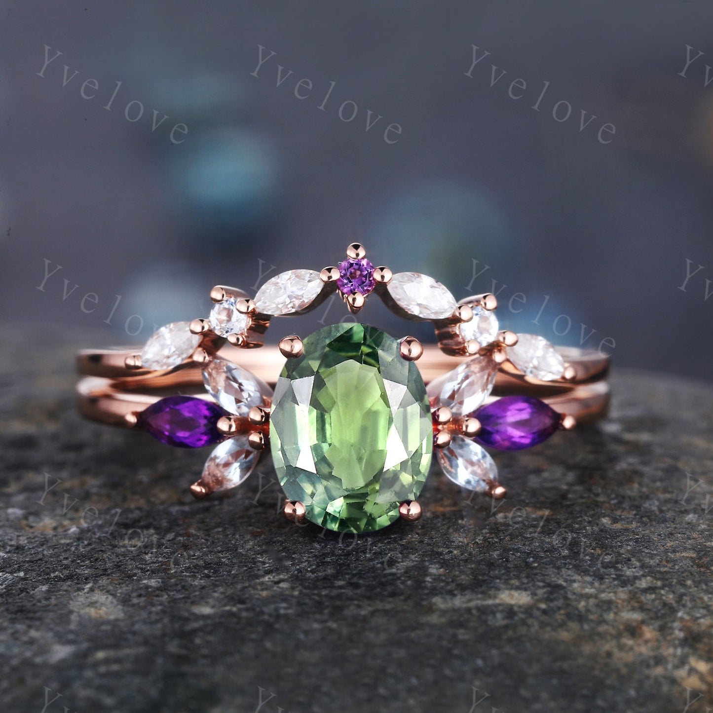 Vintage Natural Green Sapphire Engagement Ring Rose Gold Women Moissanite Amethyst Gem Match Band Promise Bridal Stacking Ring Gift for her