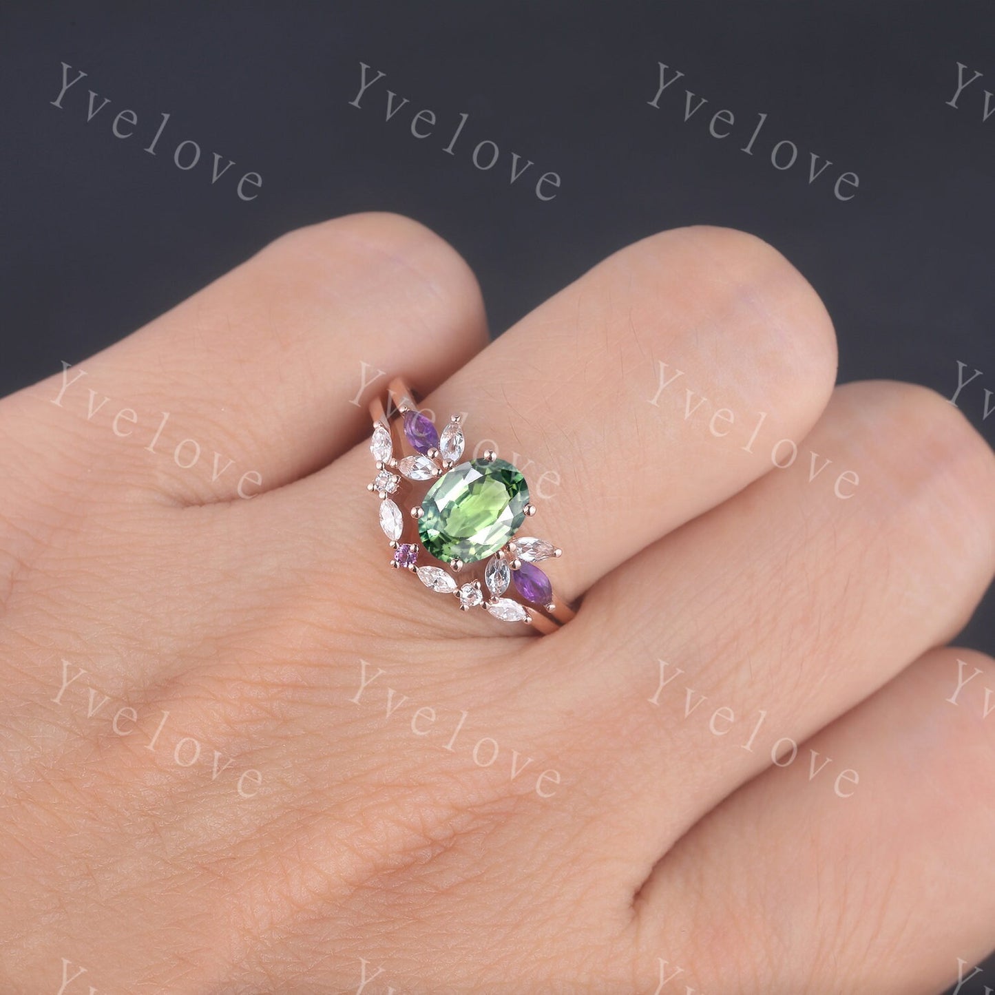 Vintage Natural Green Sapphire Engagement Ring Rose Gold Women Moissanite Amethyst Gem Match Band Promise Bridal Stacking Ring Gift for her