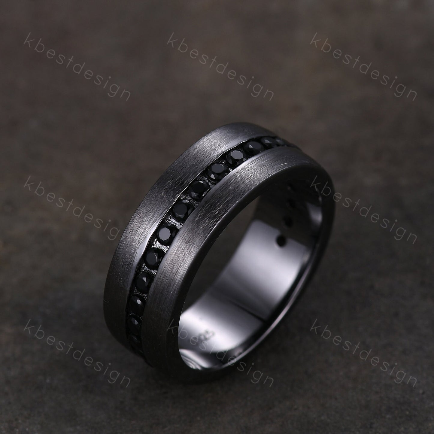 Mens Wedding Band, Black Gold Ring, Mens Wedding Ring, Black Spinel Ring, Mens Engagement Ring, Engraved Ring, Unique Wedding Band Mens Ring