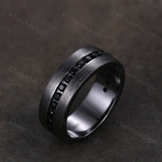 Mens Wedding Band, Black Gold Ring, Mens Wedding Ring, Black Spinel Ring, Mens Engagement Ring, Engraved Ring, Unique Wedding Band Mens Ring