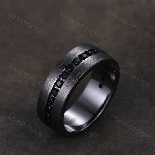 Mens Wedding Band, Black Gold Ring, Mens Wedding Ring, Black Spinel Ring, Mens Engagement Ring, Engraved Ring, Unique Wedding Band Mens Ring