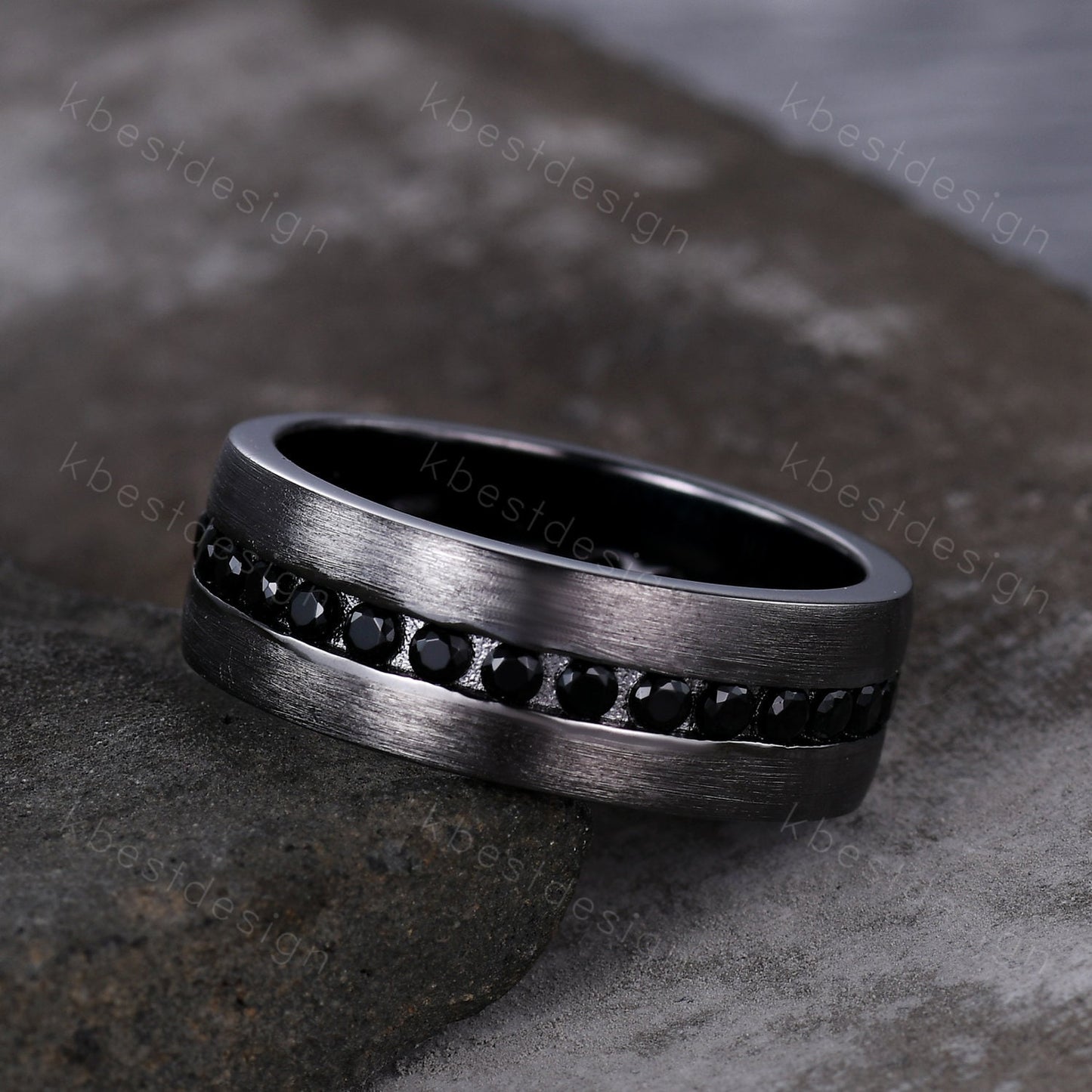 Mens Wedding Band, Black Gold Ring, Mens Wedding Ring, Black Spinel Ring, Mens Engagement Ring, Engraved Ring, Unique Wedding Band Mens Ring
