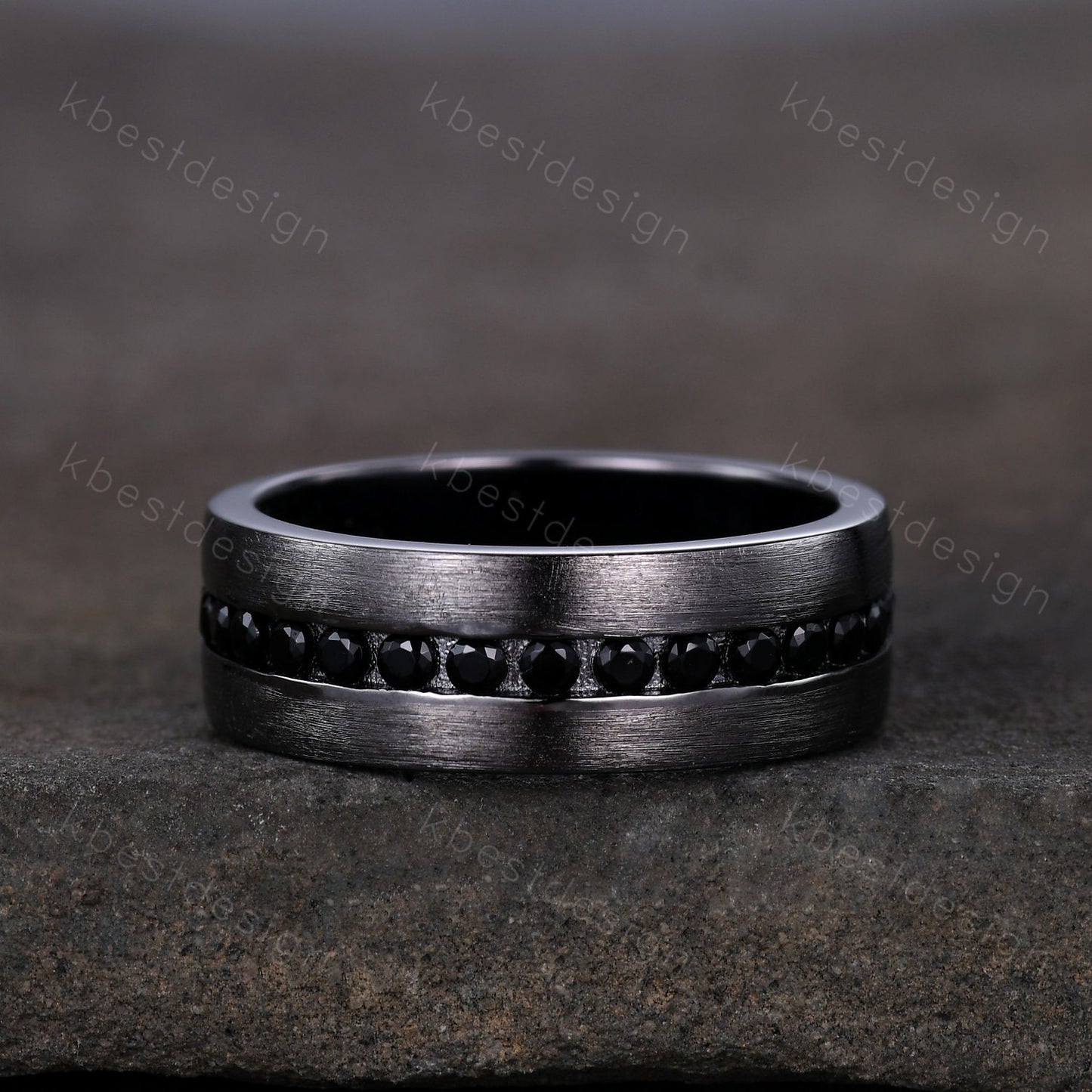 Mens Wedding Band, Black Gold Ring, Mens Wedding Ring, Black Spinel Ring, Mens Engagement Ring, Engraved Ring, Unique Wedding Band Mens Ring