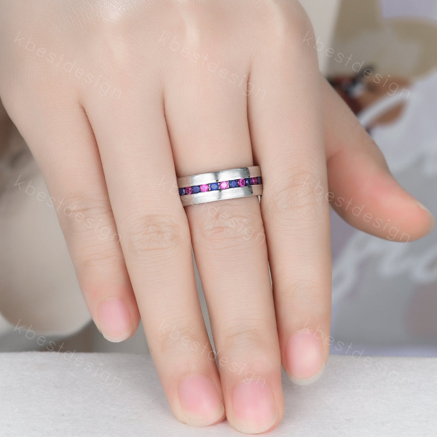 Mens Wedding Ring, Mens Blue Sapphire Wedding Band, 8mm Band, Brushed Finish Band, Mens Ruby Wedding Ring, Mens Ring, Personalized Ring