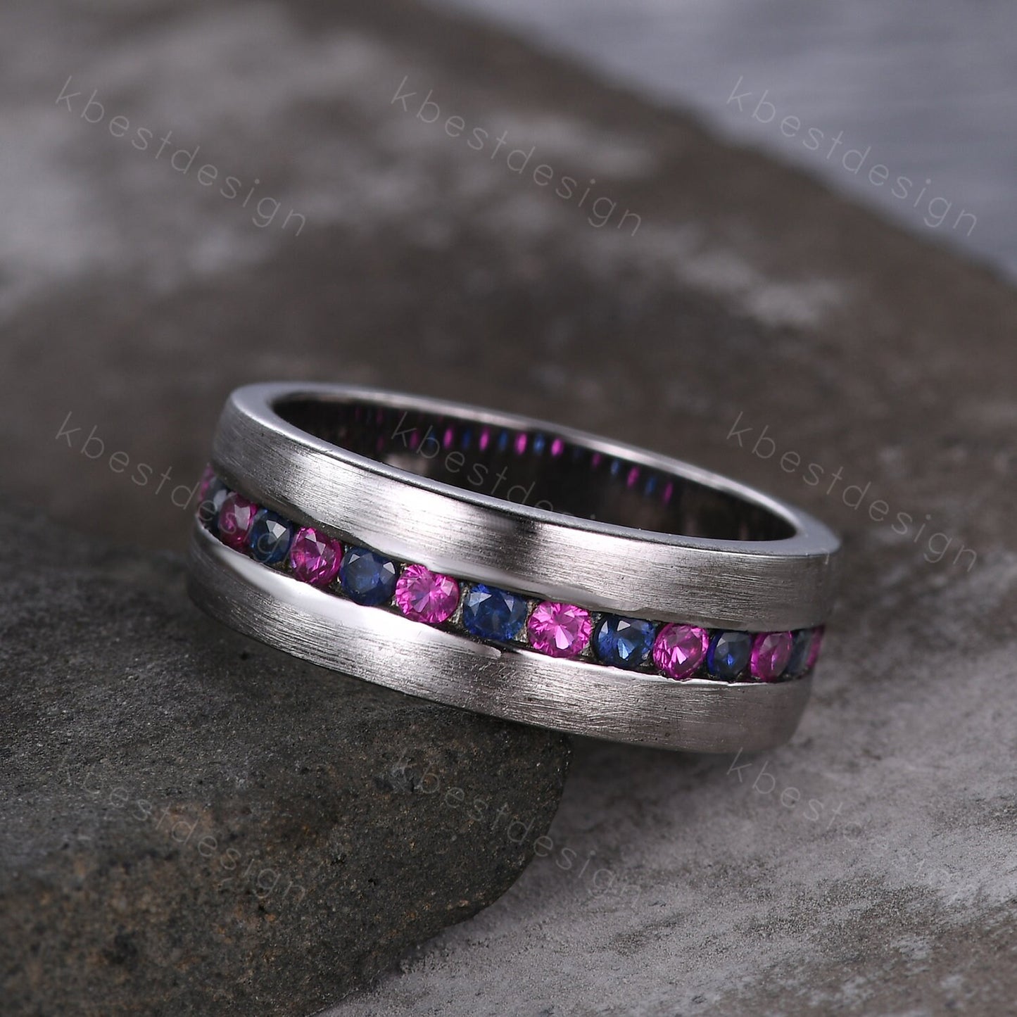 Mens Wedding Ring, Mens Blue Sapphire Wedding Band, 8mm Band, Brushed Finish Band, Mens Ruby Wedding Ring, Mens Ring, Personalized Ring