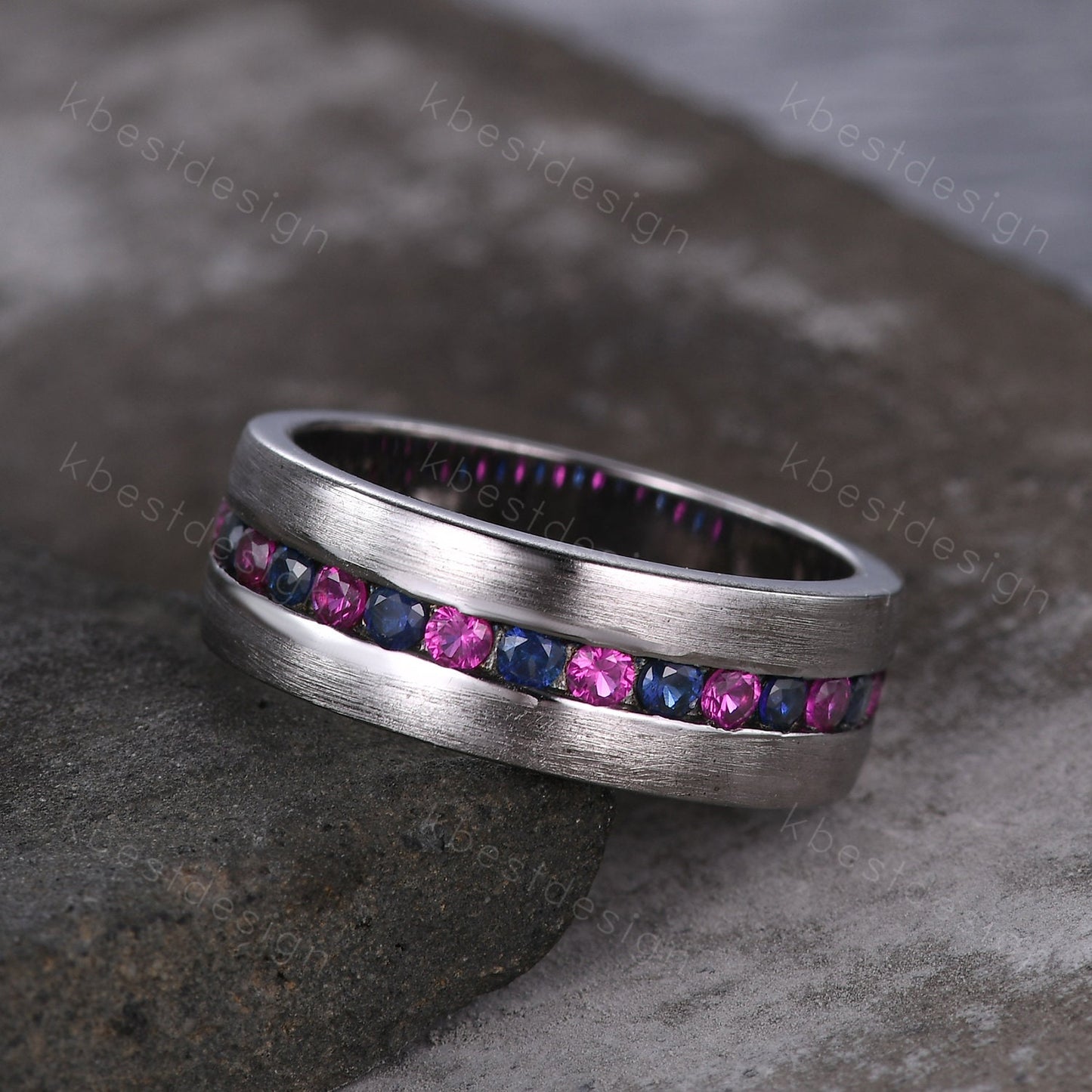 Mens Wedding Ring, Mens Blue Sapphire Wedding Band, 8mm Band, Brushed Finish Band, Mens Ruby Wedding Ring, Mens Ring, Personalized Ring