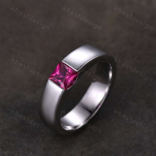 Mens Wedding Band | Princess Cut Ruby Band | 5mm Solid Rose/White/Yellow Gold Ring | Mens Solitaire Princess Cut July Birthstone Ring
