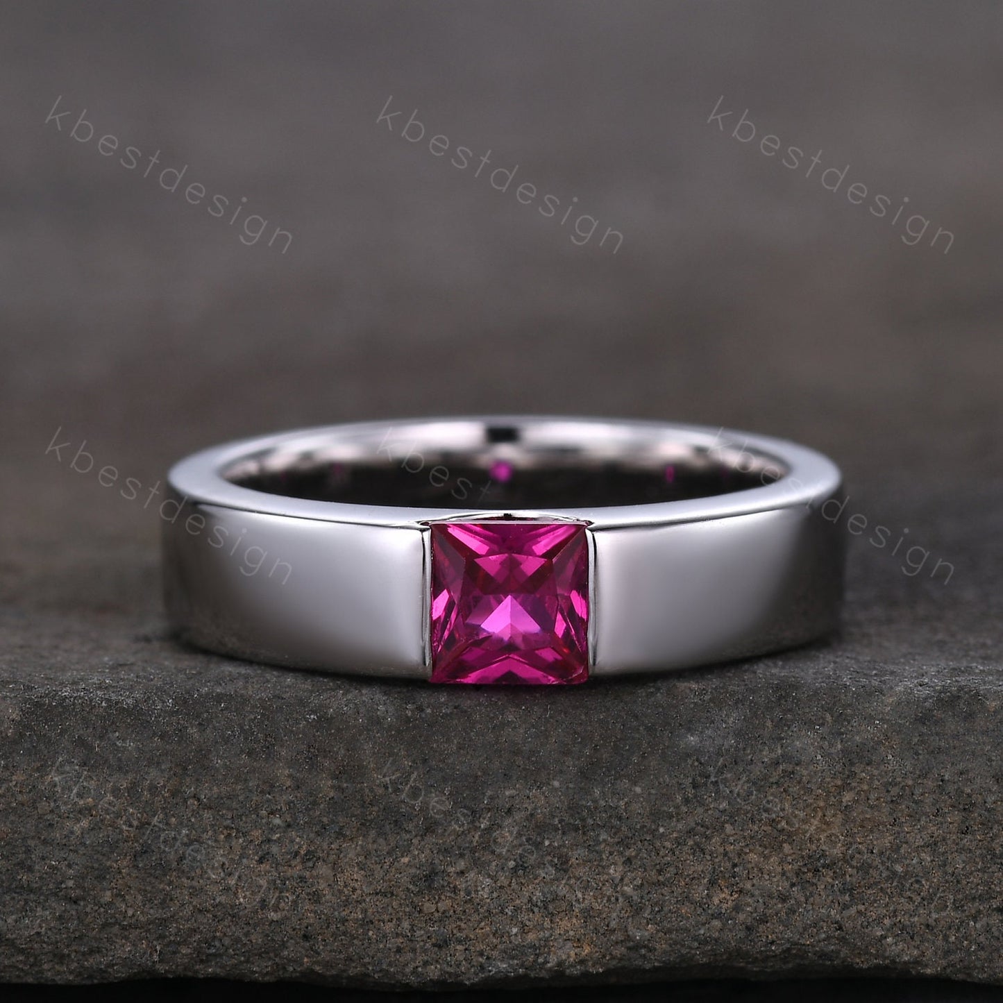 Mens Wedding Band | Princess Cut Ruby Band | 5mm Solid Rose/White/Yellow Gold Ring | Mens Solitaire Princess Cut July Birthstone Ring