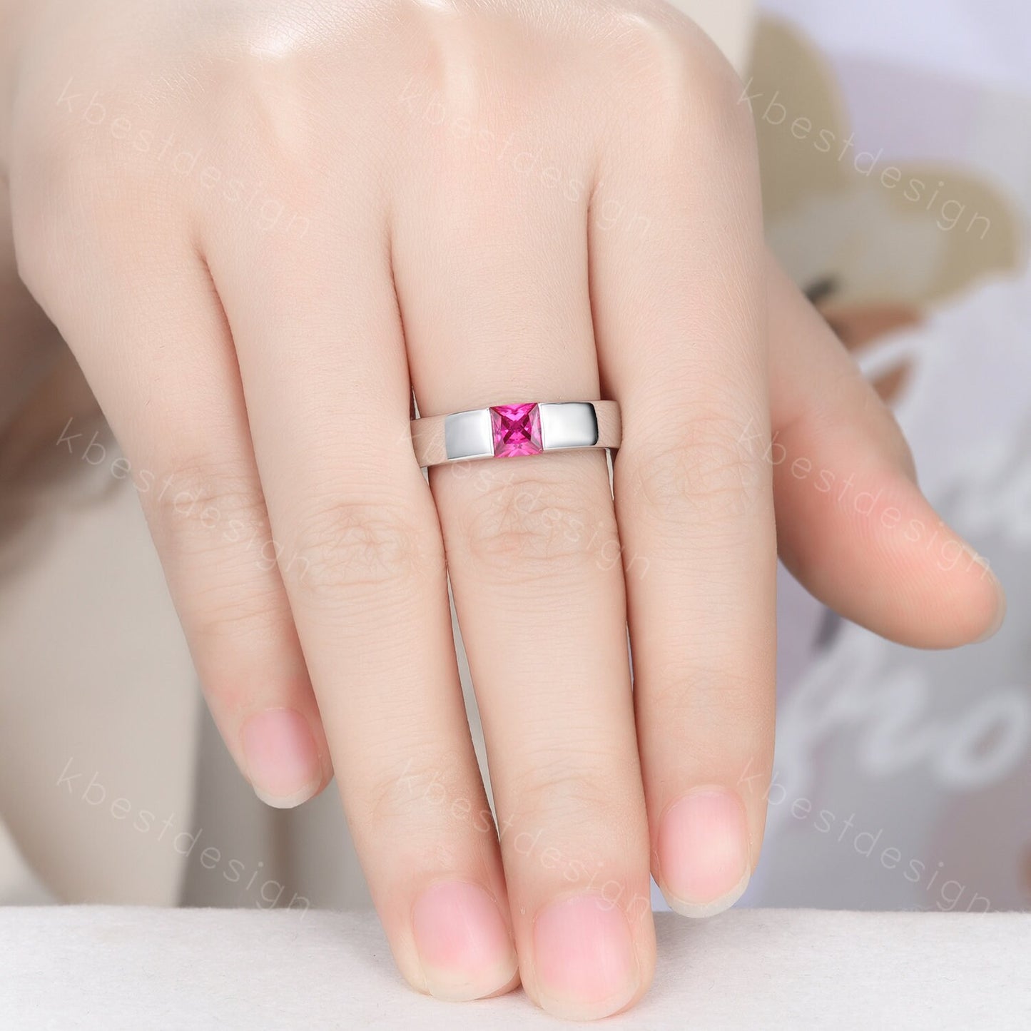 Mens Wedding Band | Princess Cut Ruby Band | 5mm Solid Rose/White/Yellow Gold Ring | Mens Solitaire Princess Cut July Birthstone Ring