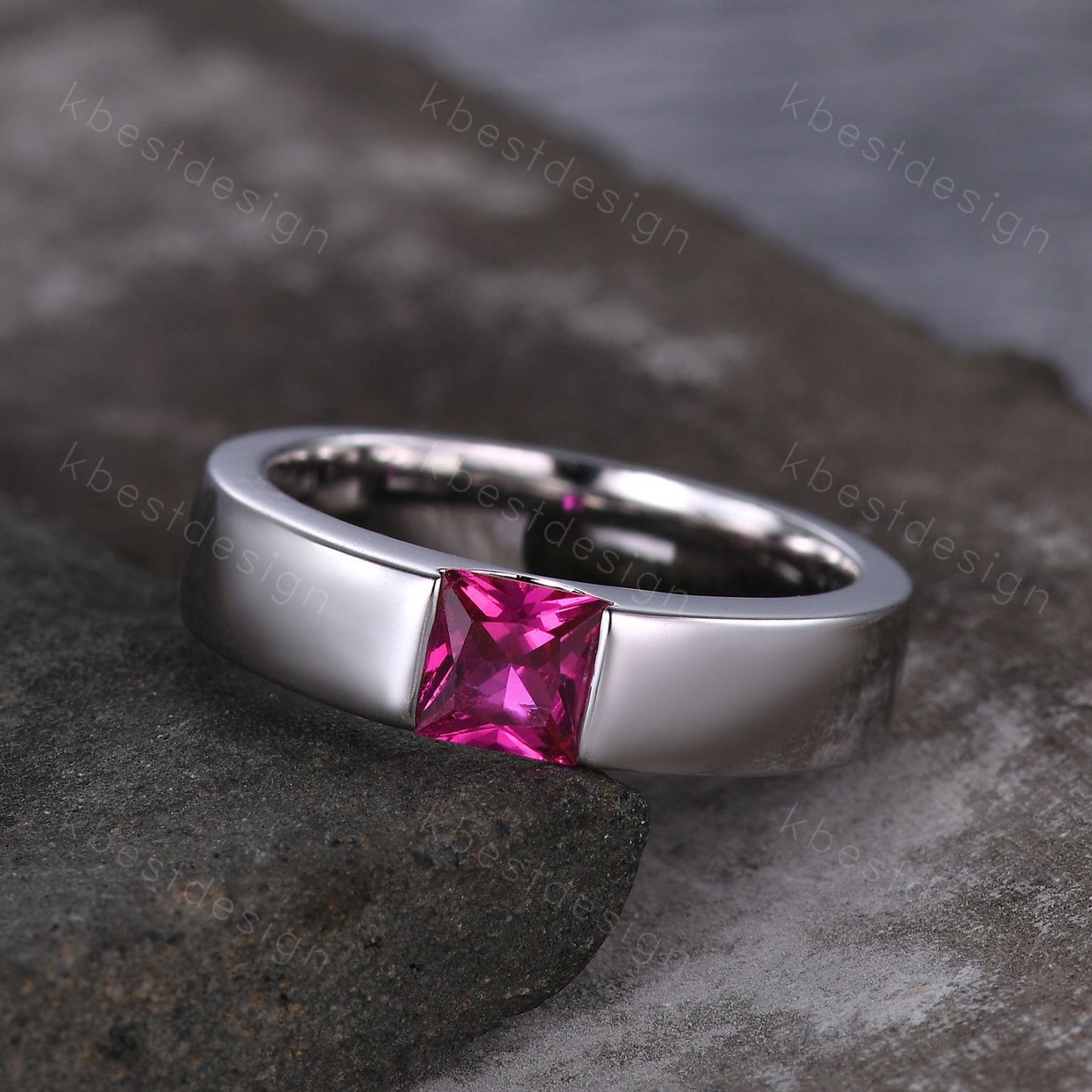 Mens Wedding Band | Princess Cut Ruby Band | 5mm Solid Rose/White/Yellow Gold Ring | Mens Solitaire Princess Cut July Birthstone Ring