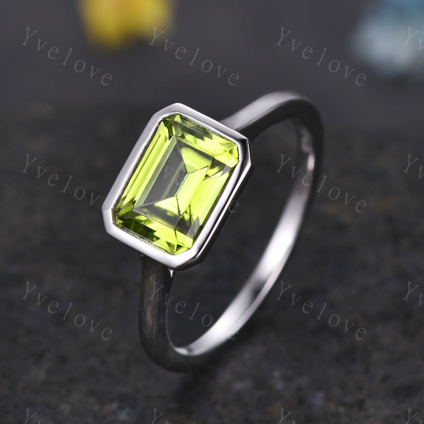 Emerald Cut Peridot Engagement Ring,East To West Ring,Solitaire Ring,Bezel Set Ring,Wedding Ring,Solid White Gold,Thin band Bridal Gift