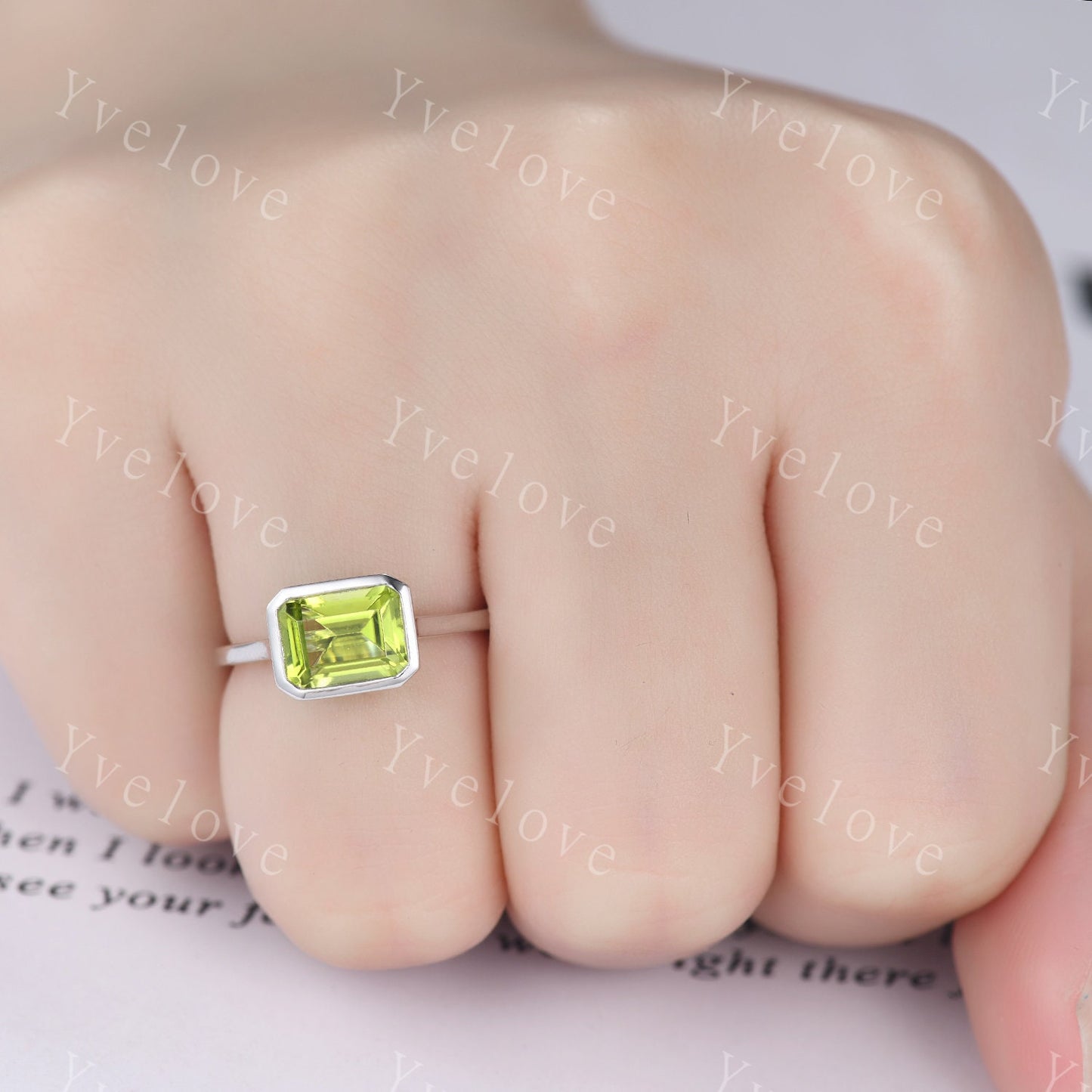 Emerald Cut Peridot Engagement Ring,East To West Ring,Solitaire Ring,Bezel Set Ring,Wedding Ring,Solid White Gold,Thin band Bridal Gift