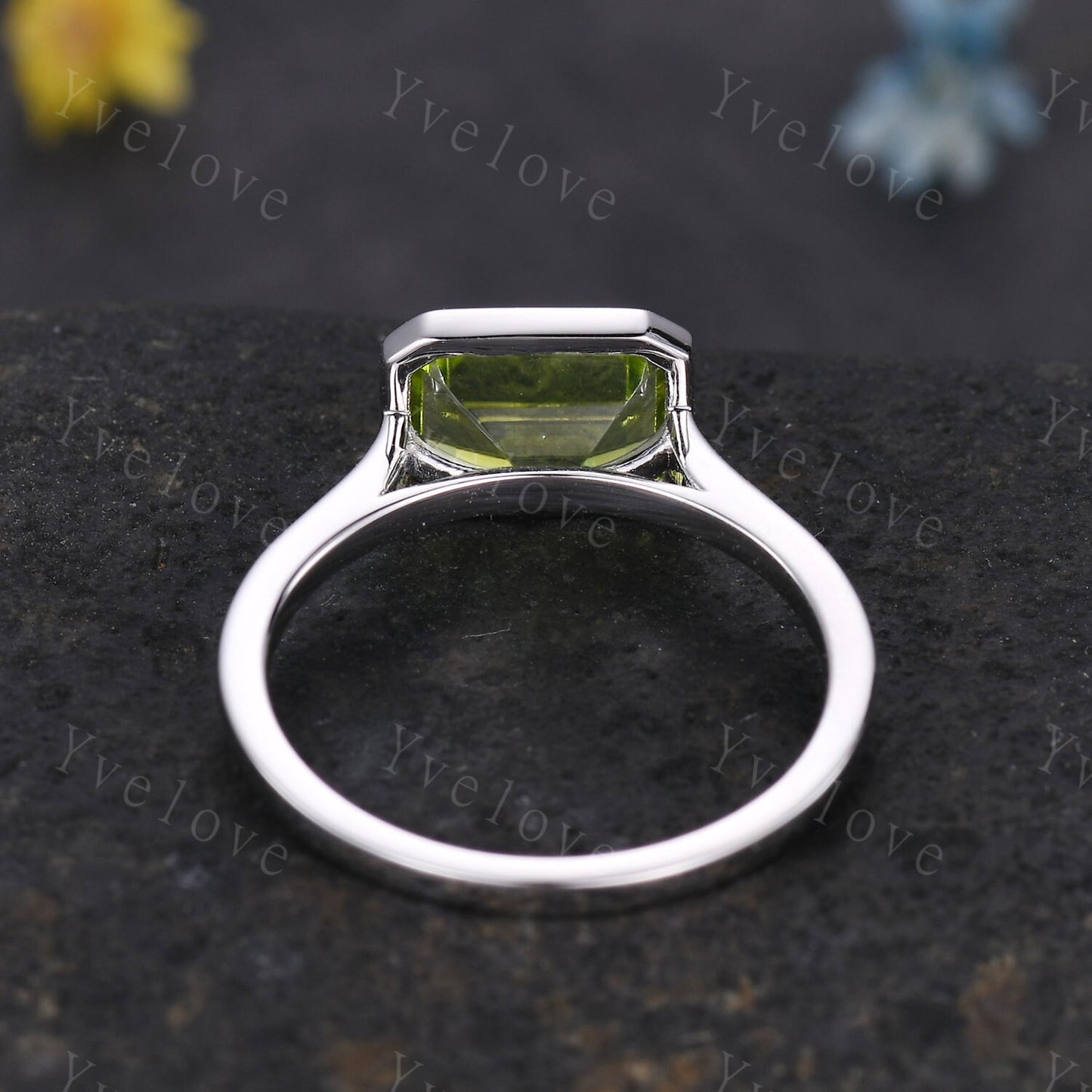 Emerald Cut Peridot Engagement Ring,East To West Ring,Solitaire Ring,Bezel Set Ring,Wedding Ring,Solid White Gold,Thin band Bridal Gift