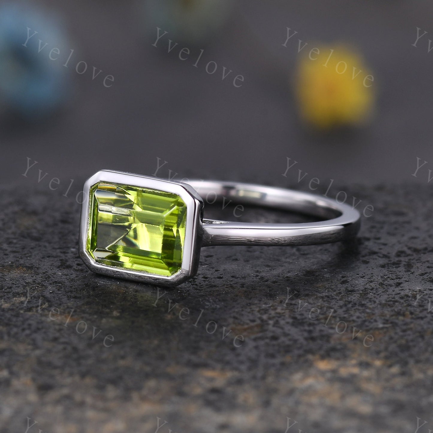 Emerald Cut Peridot Engagement Ring,East To West Ring,Solitaire Ring,Bezel Set Ring,Bridal Wedding Ring,Solid Gold,Thin band Women Ring Gift