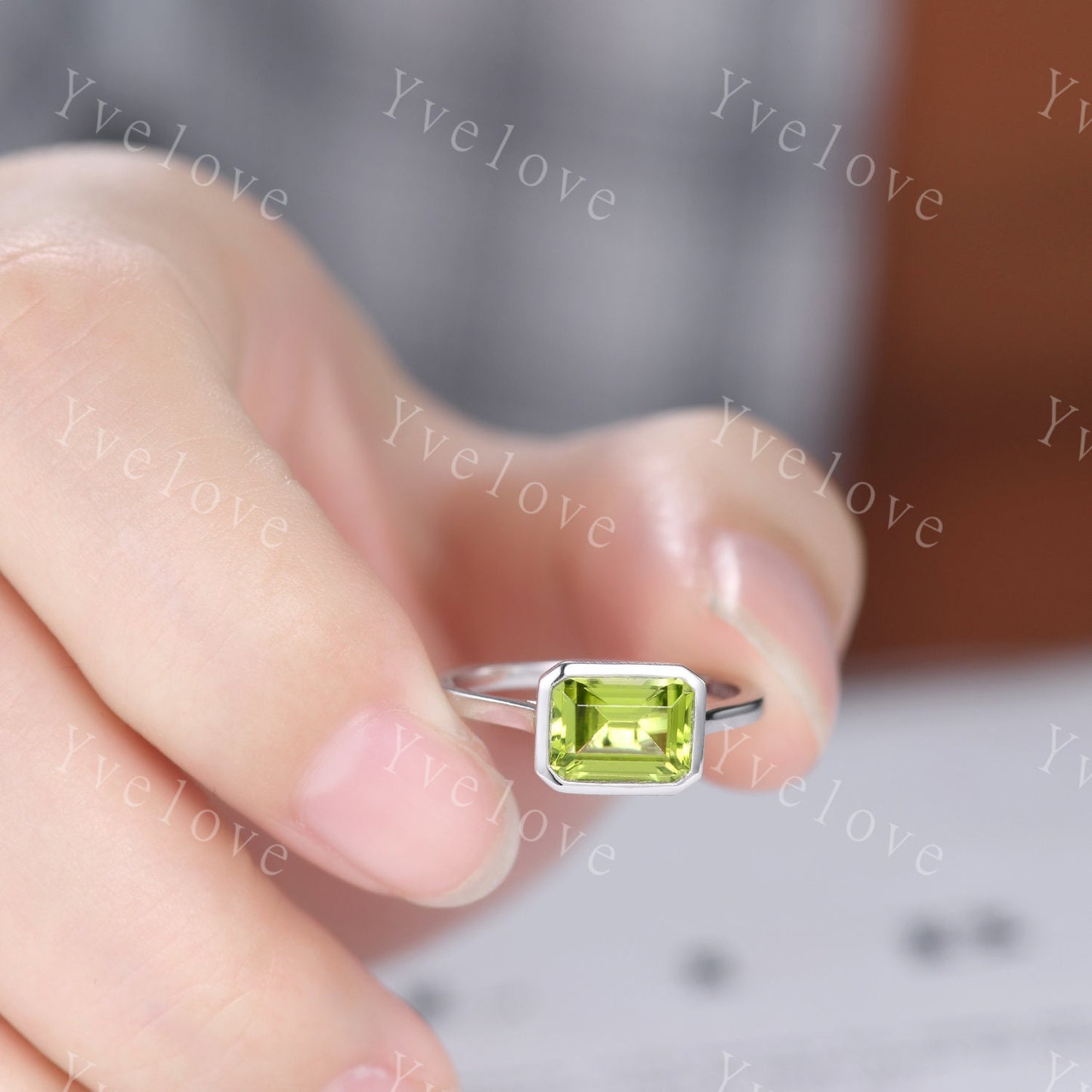 Emerald Cut Peridot Engagement Ring,East To West Ring,Solitaire Ring,Bezel Set Ring,Bridal Wedding Ring,Solid Gold,Thin band Women Ring Gift