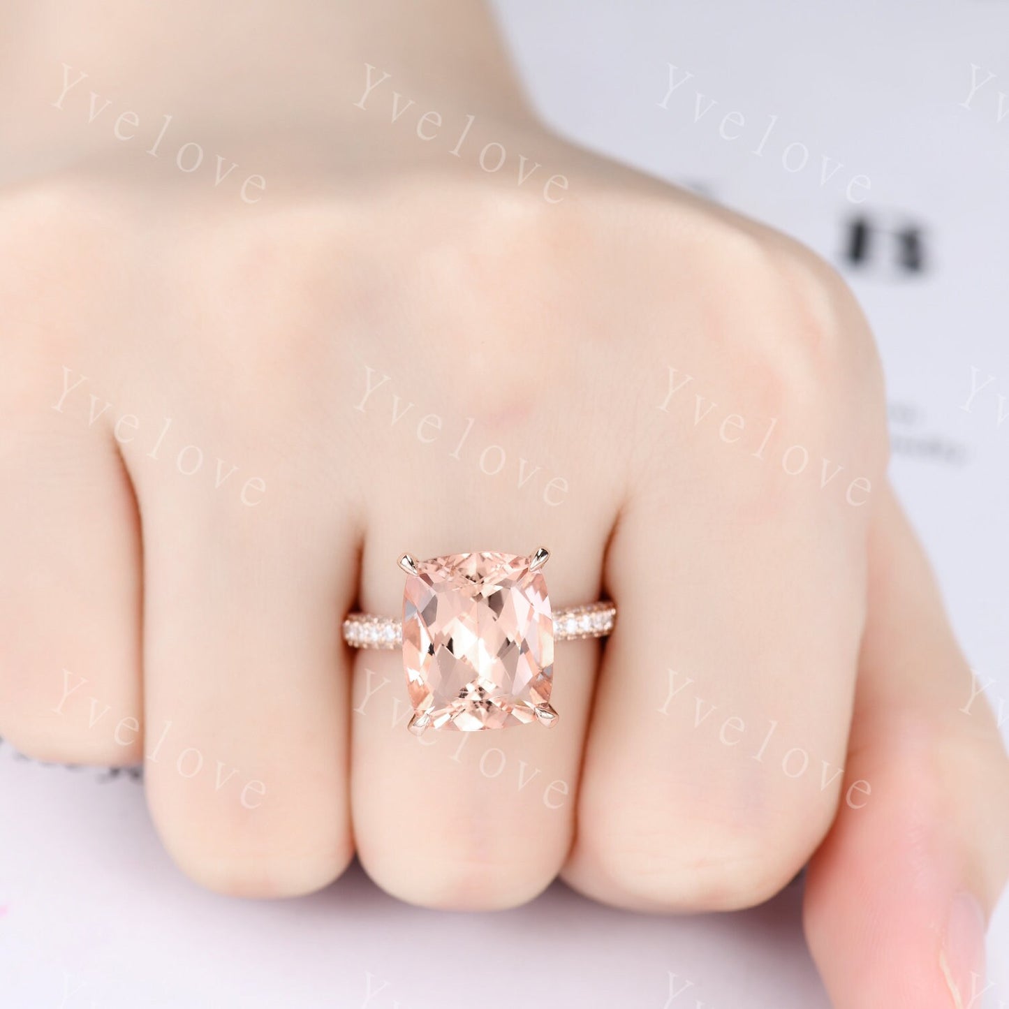 Special listing for Betsy, change the main stone to 9x11mm cushion morganite, 18k white gold, moissanites as the side stones. size 5.