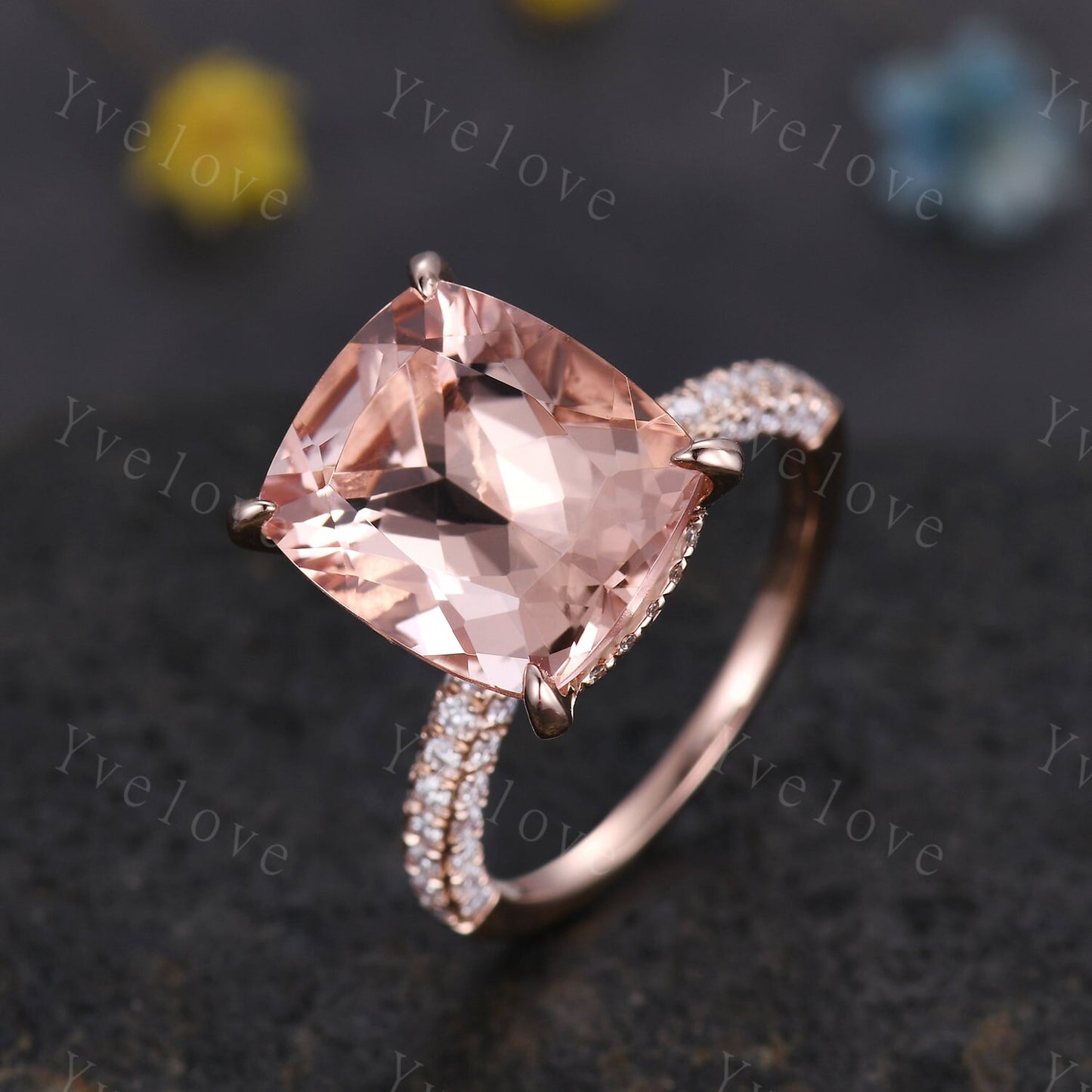 Special listing for Betsy, change the main stone to 9x11mm cushion morganite, 18k white gold, moissanites as the side stones. size 5.