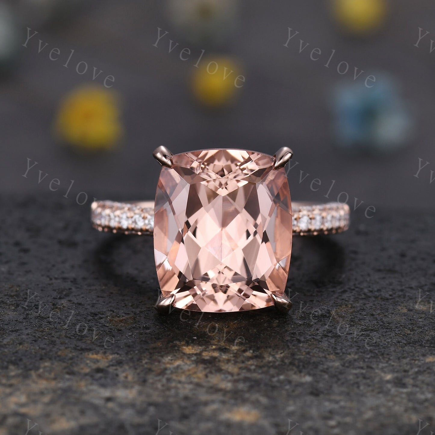 Special listing for Betsy, change the main stone to 9x11mm cushion morganite, 18k white gold, moissanites as the side stones. size 5.