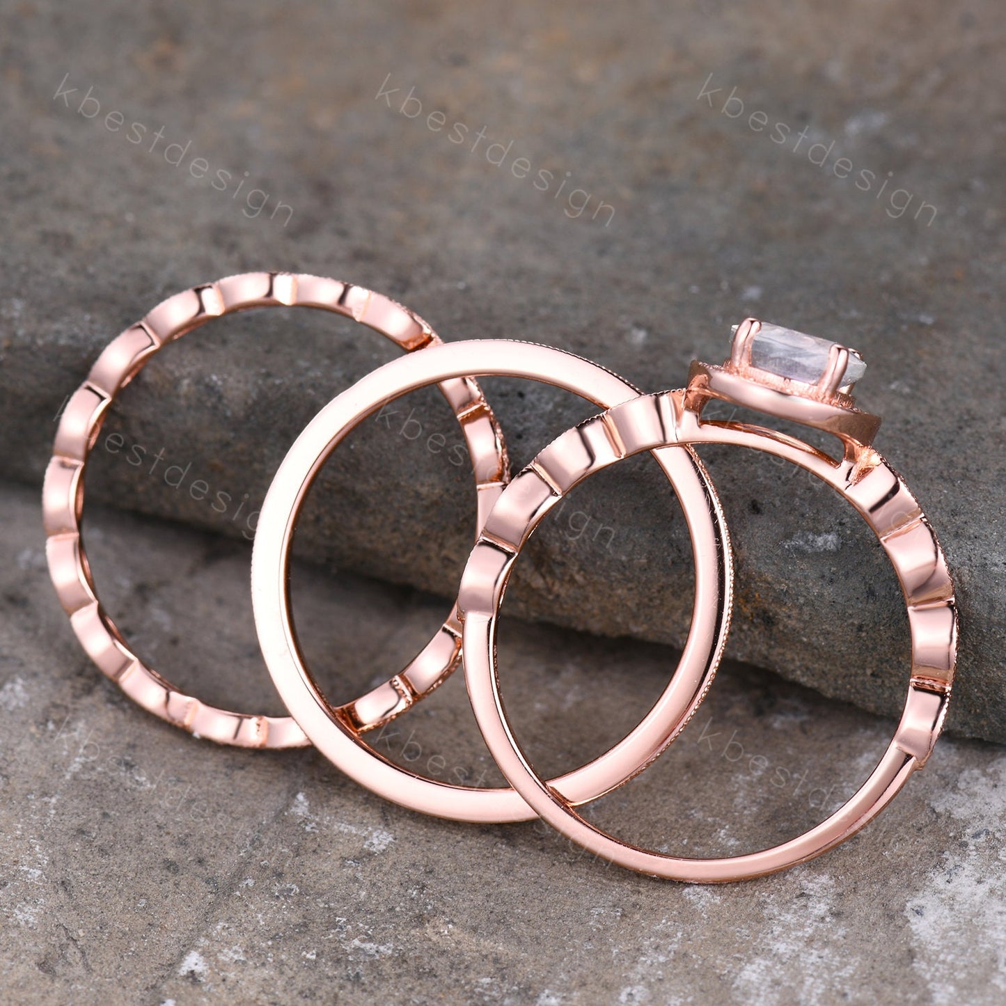 Vintage black rutilated quartz engagement ring 14k rose gold oval cut ring art deco moissanite stacking bands unique bridal wedding ring set
