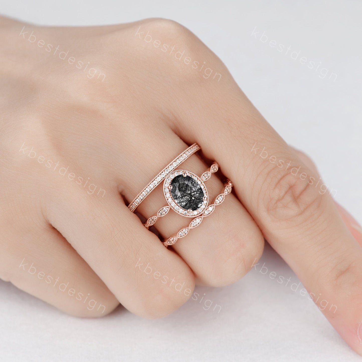 Vintage black rutilated quartz engagement ring 14k rose gold oval cut ring art deco moissanite stacking bands unique bridal wedding ring set
