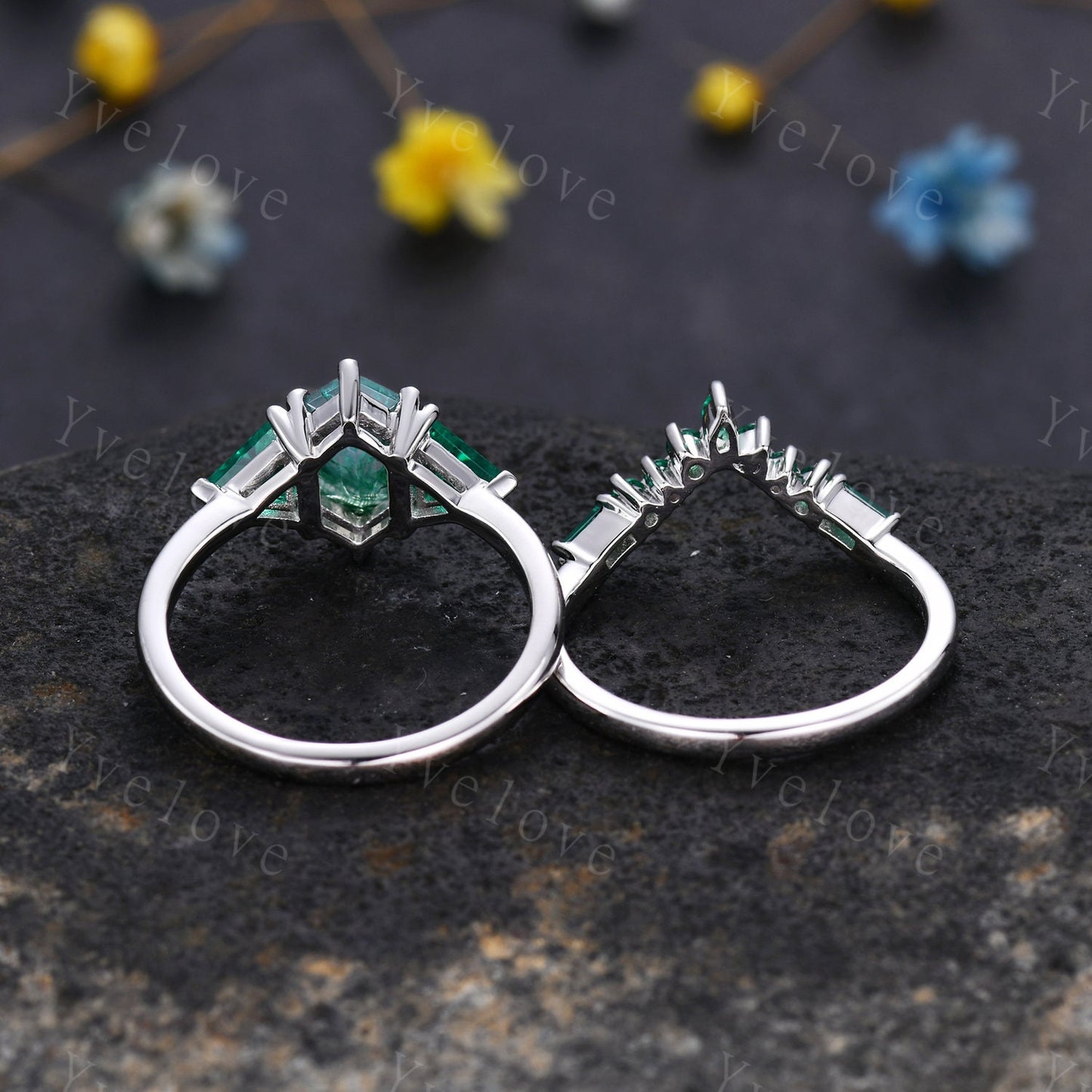 Hexagon shaped Moss Agate Engagement Ring,Silver Ring Set,Unique Emerald Matching Stack Ring,Green Gem Promise Ring,Anniversary Ring Gift