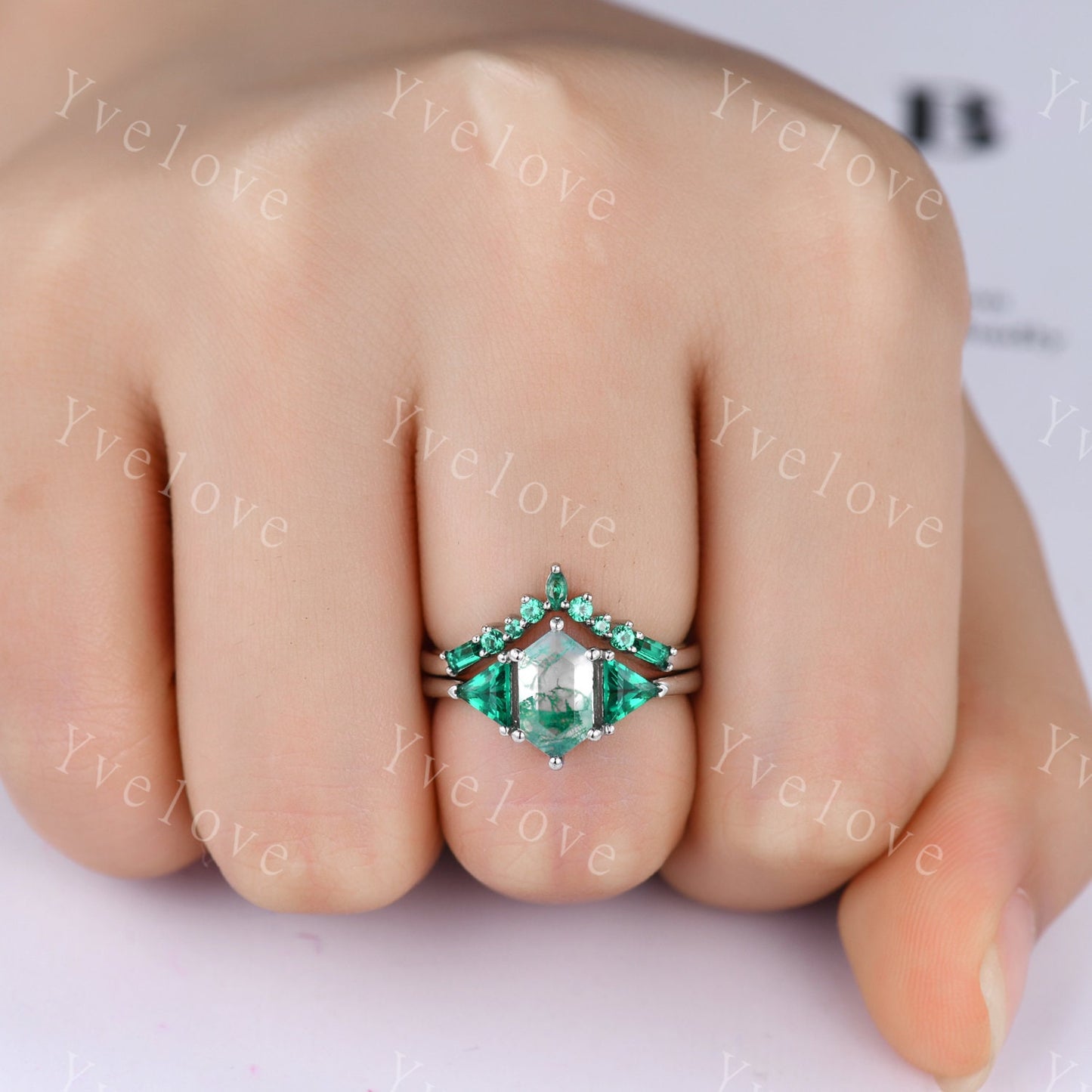 Hexagon shaped Moss Agate Engagement Ring,Platinum Ring,Unique Emerald Matching Stack Ring,Green Gems Promise Ring,Anniversary Ring Gift