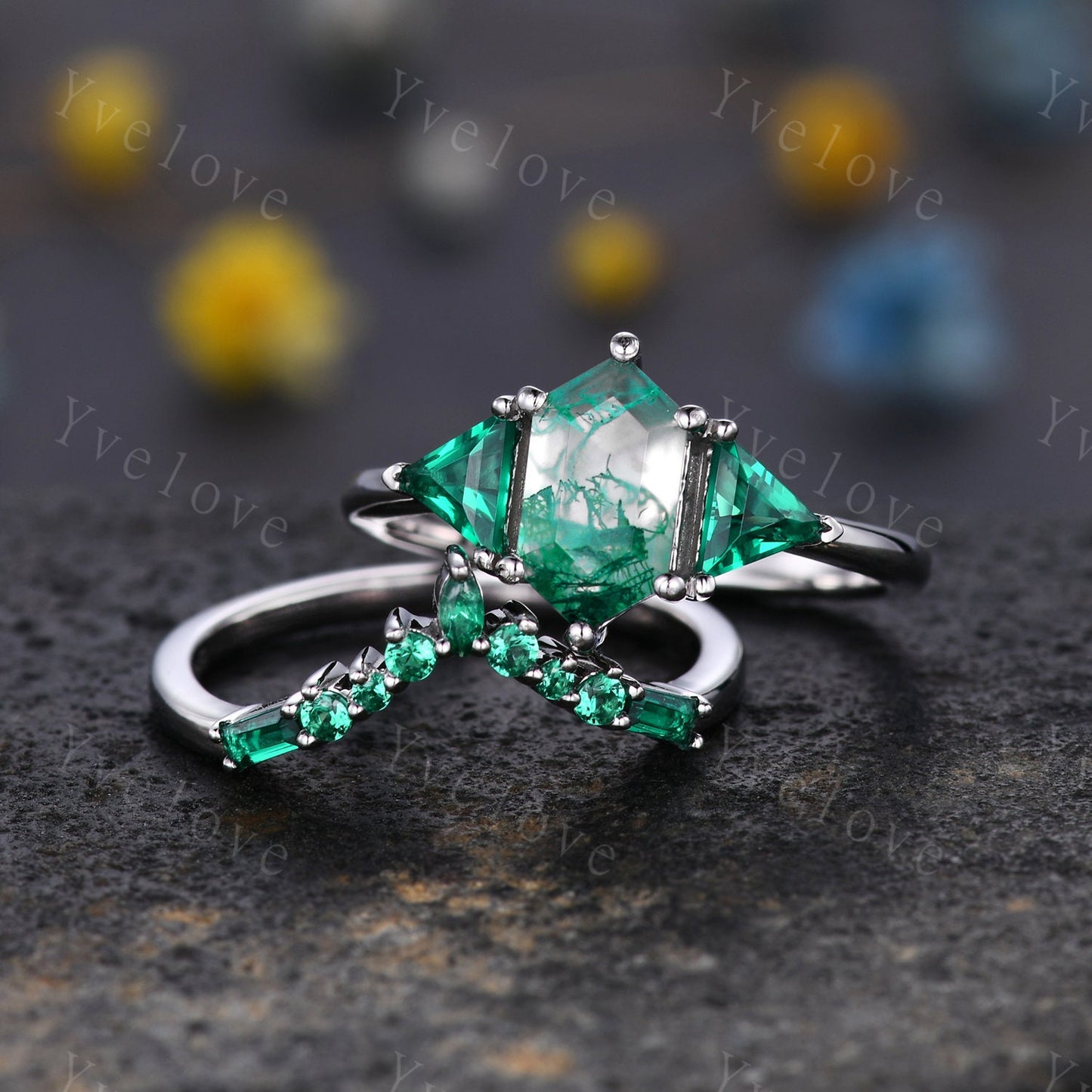 Hexagon shaped Moss Agate Engagement Ring,Platinum Ring,Unique Emerald Matching Stack Ring,Green Gems Promise Ring,Anniversary Ring Gift