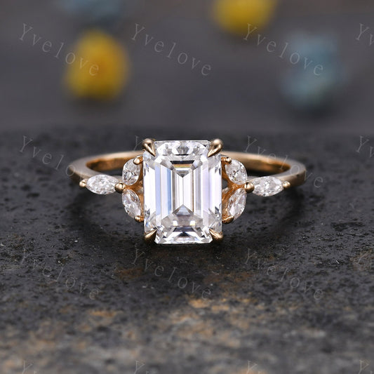 Vintage Moissanite Engagement Ring Emerald Cut Moissanite Gemstone Ring Floral Split Shank Diamond Ring Bridal Ring Gift 10k Solid Gold Ring