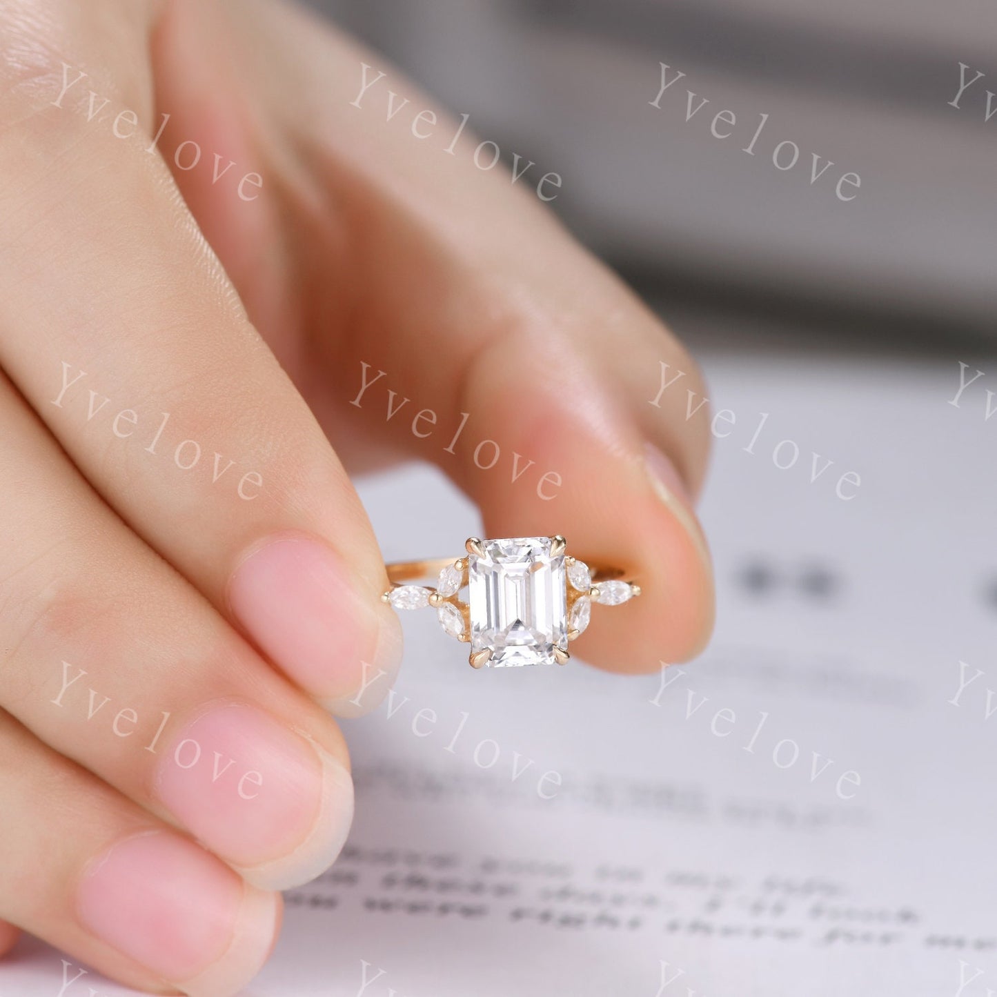Vintage Moissanite Engagement Ring Emerald Cut Moissanite Gemstone Ring Floral Split Shank Diamond Ring Bridal Ring Gift 10k Solid Gold Ring