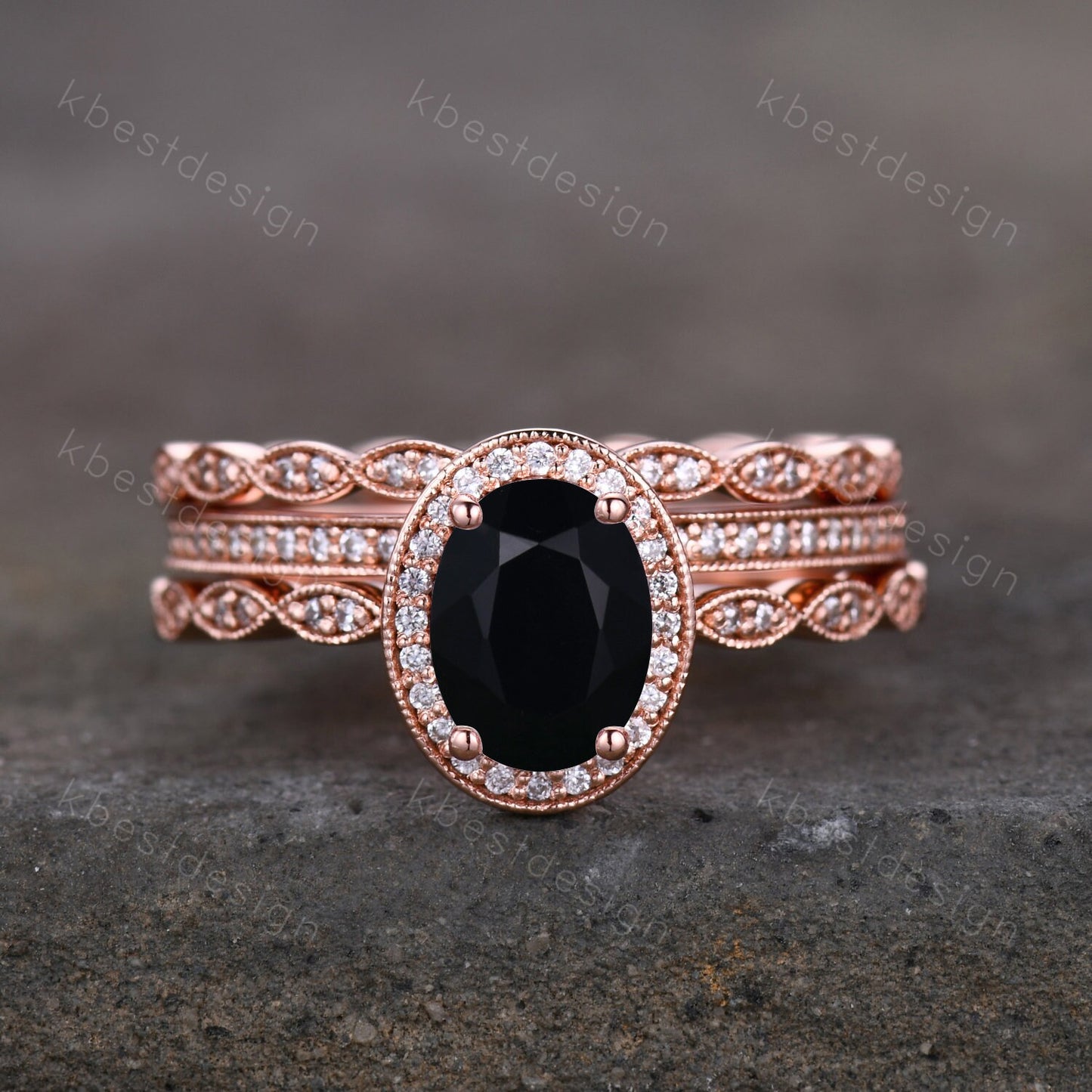 Vintage Unique oval cut Black Onyx engagement ring set rose gold ring set moissanite ring set art deco bridal wedding ring Promise gift