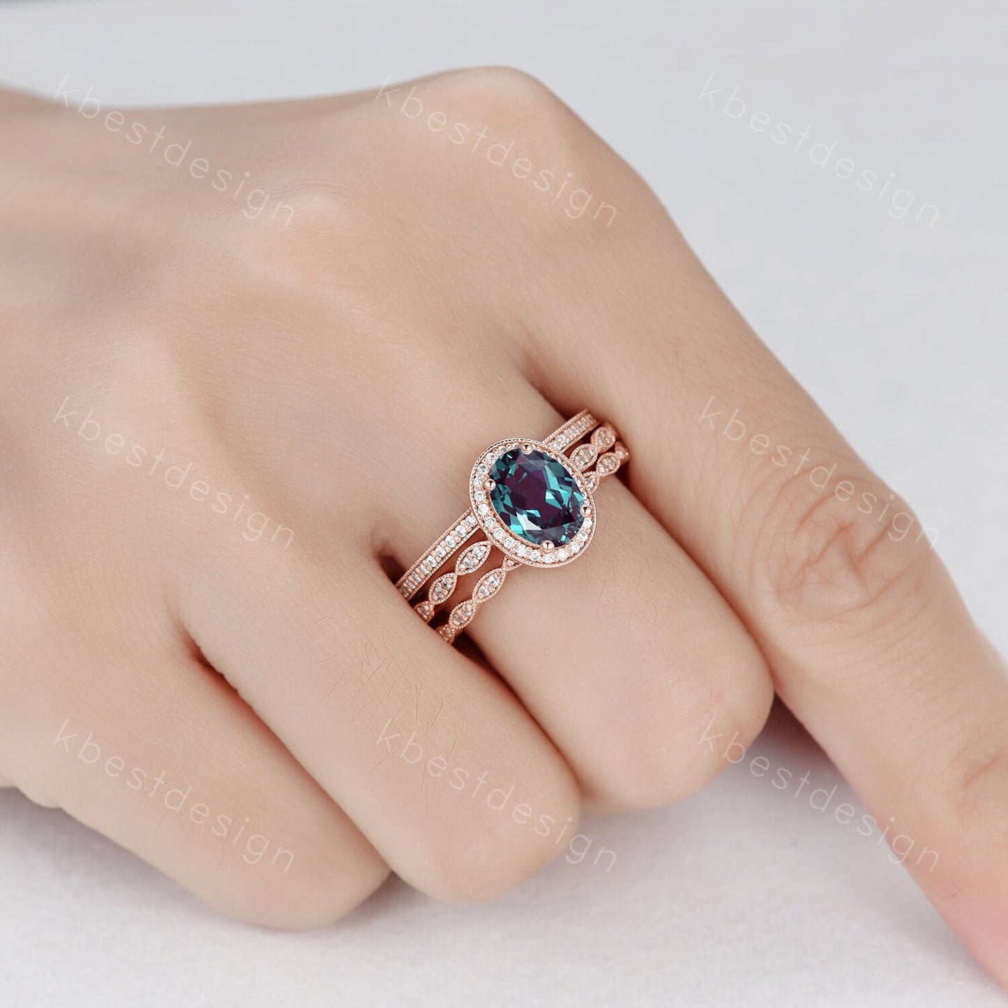 3pcs Alexandrite bridal set oval cut Alexandrite engagement ring set sterling silver vintage moissanite ring unique art deco stacking bands