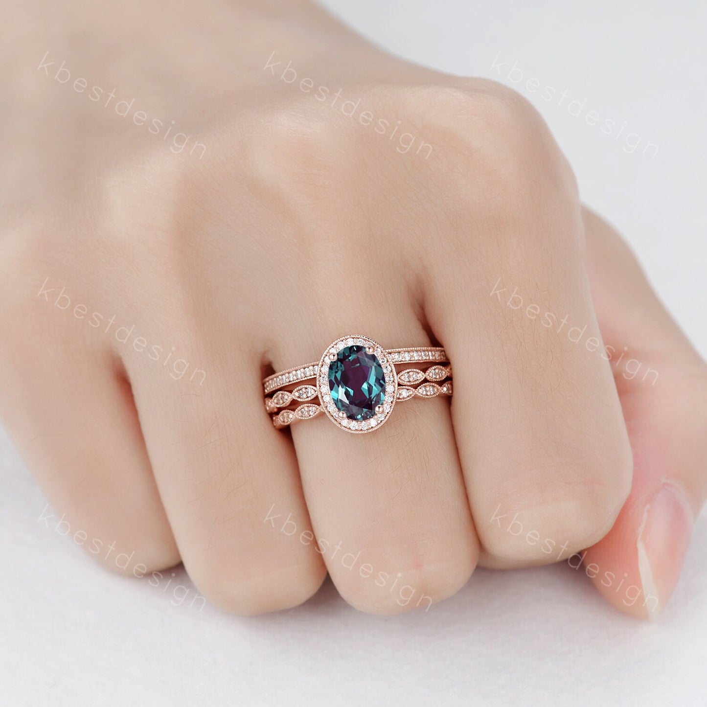 3pcs Alexandrite bridal set oval cut Alexandrite engagement ring set sterling silver vintage moissanite ring unique art deco stacking bands