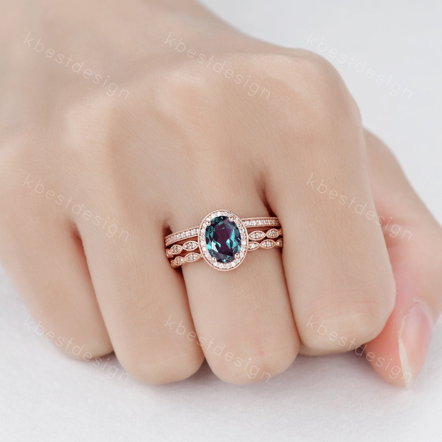 3pcs Alexandrite bridal set oval cut Alexandrite engagement ring set sterling silver vintage moissanite ring unique art deco stacking bands