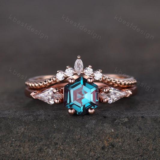 Vintage Hexagon Alexandrite engagement ring set women rose gold ring kite cut Moissanite ring unique Personalized wedding bridal ring set