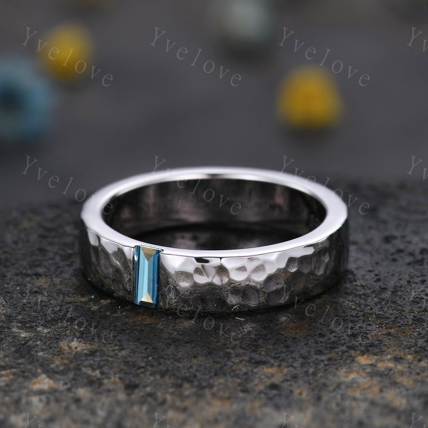 Mens London Blue Topaz Wedding Band Baguette Cut Blue Gem Band 5mm Solid Gold Ring Hammered Stacking Matching Band Retro Vintage Ring Gift