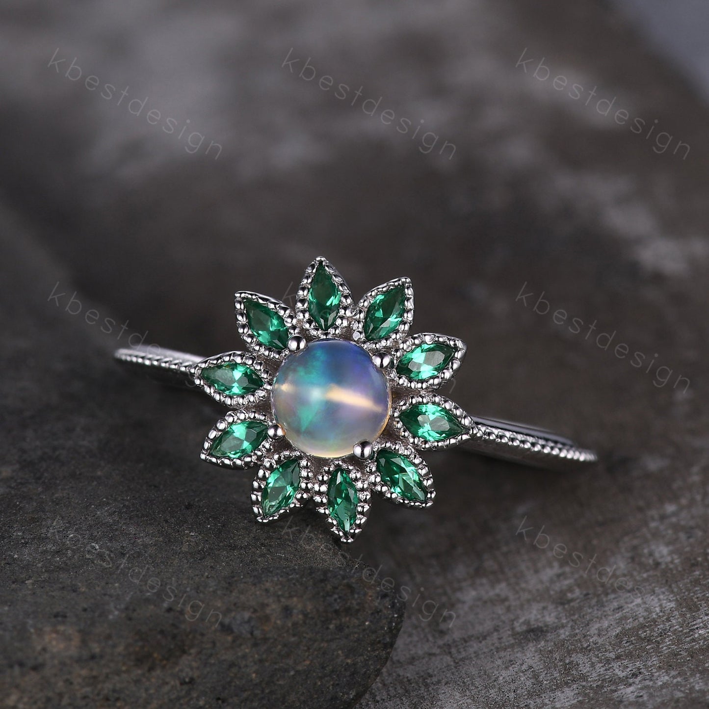Natural Opal Emerald Engagement Ring Vintage Floral Opal Ring Unique Marquise cut Emerald Wedding Ring October Birthstone Ring Promise Gift