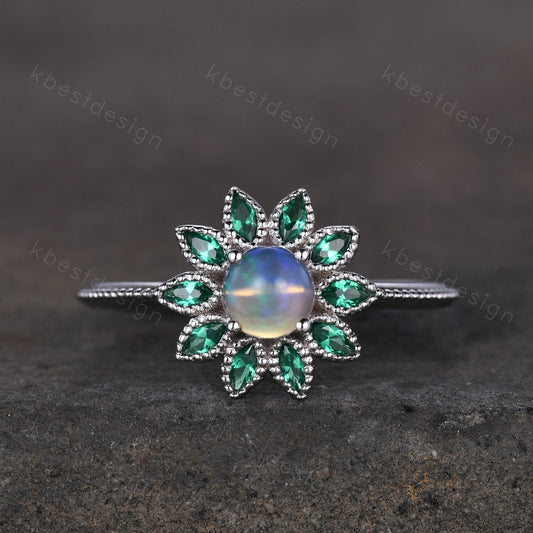 Natural Opal Emerald Engagement Ring Vintage Floral Opal Ring Unique Marquise cut Emerald Wedding Ring October Birthstone Ring Promise Gift