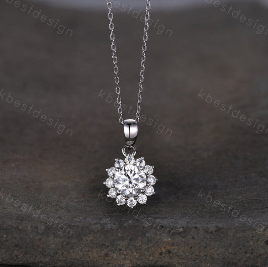 1CT Round cut Moissanite necklace sterling silver vintage unique halo sunflower moissanite pendant necklace women anniversary bridal gift