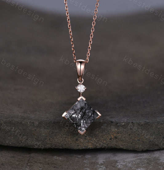 3CT Princess Cut Natural Black Rutilated Quartz Necklace 14K Rose Gold Unique Black Gemstone Pendant Women Vintage Personalized Promise Gift