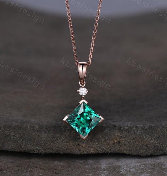 Princess cut green emerald necklace solid 14k 18k rose gold vintage unique Personalized gemstone pendant for women anniversary bridal gift
