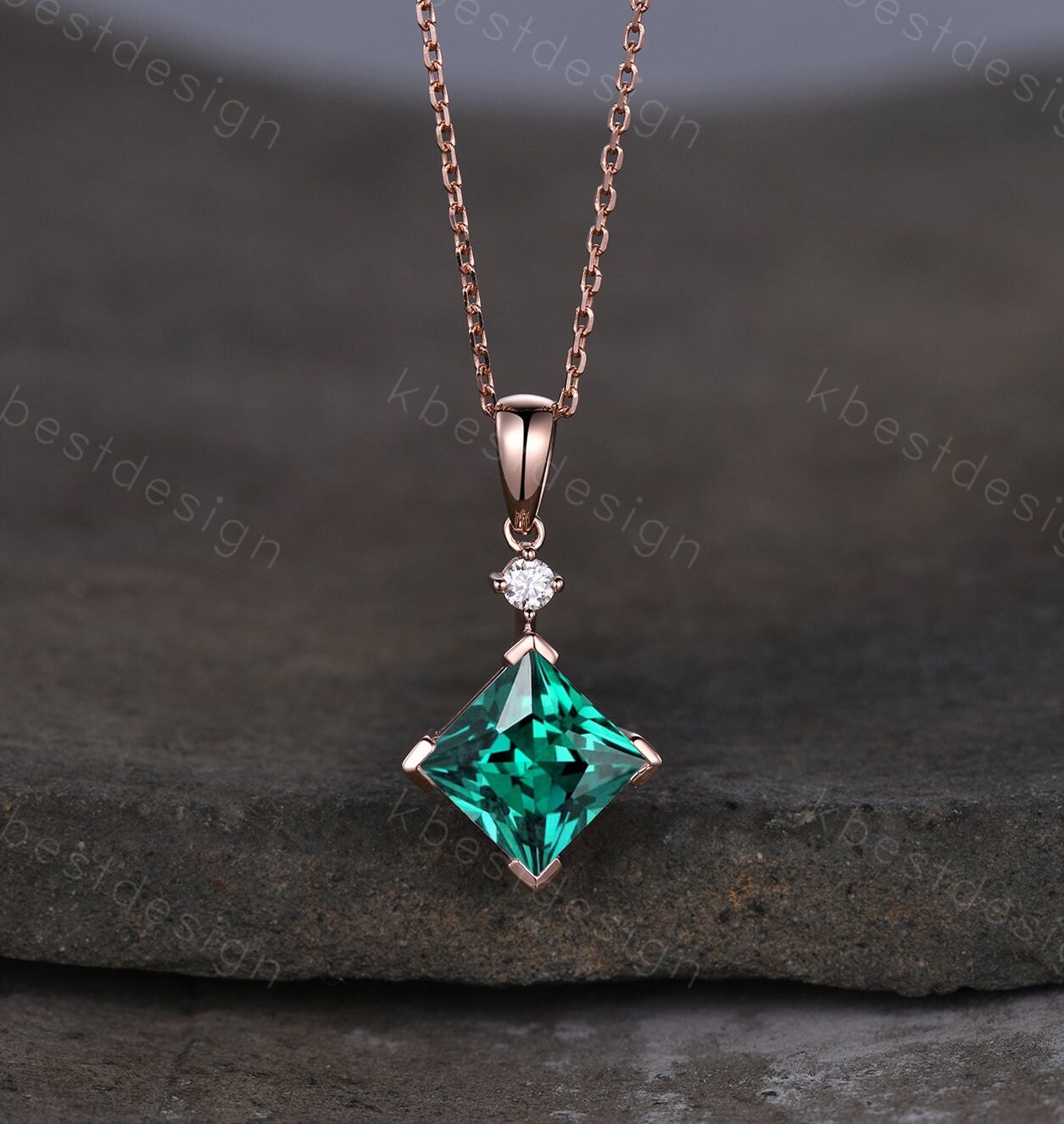 Princess cut green emerald necklace solid 14k 18k rose gold vintage unique Personalized gemstone pendant for women anniversary bridal gift