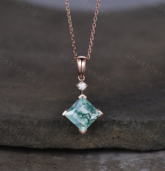 Princess cut natural moss agate necklace solid 14k rose gold vintage unique green gemstone pendant for women anniversary bridal gift